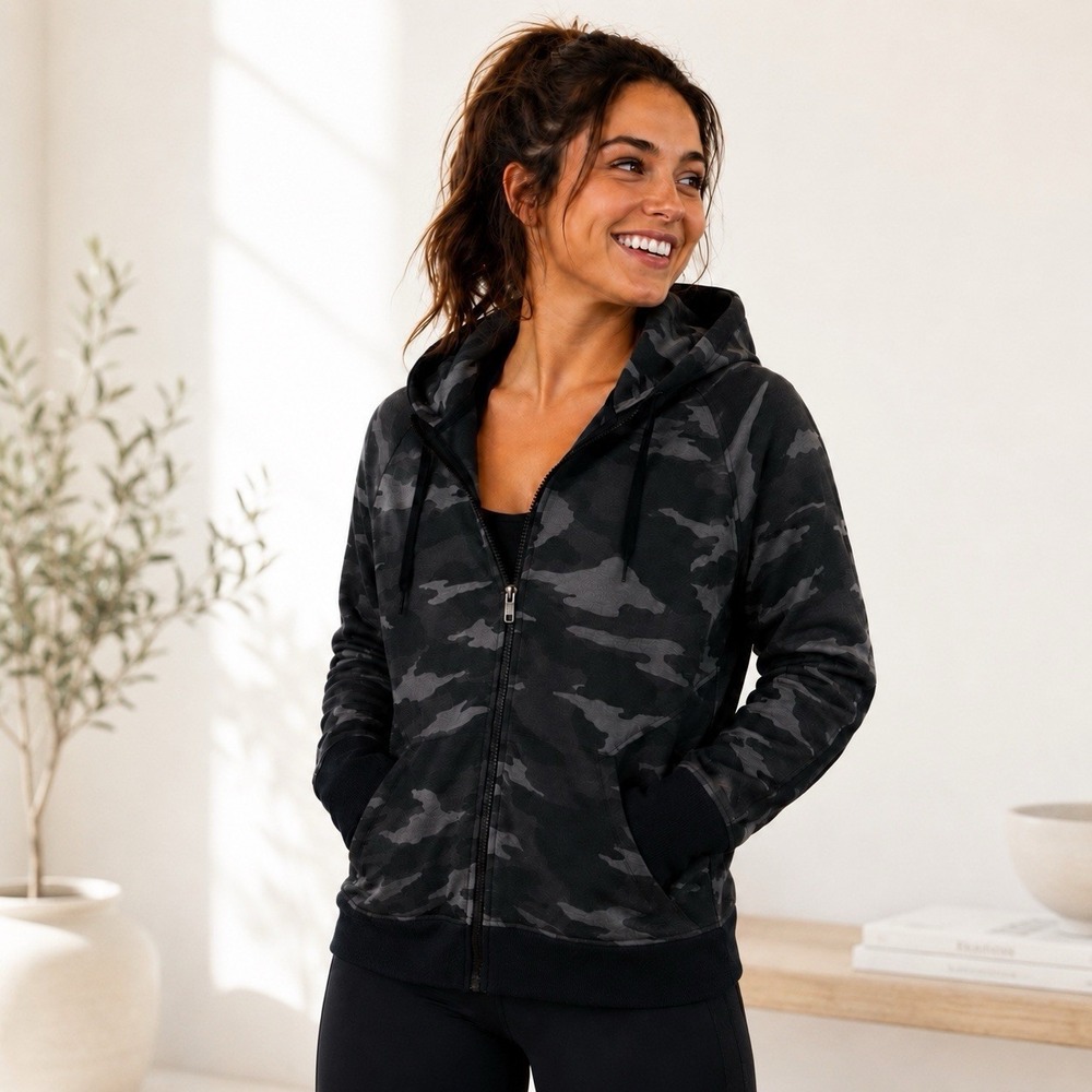 Athleta Camouflage Zip Sweatshirt Triumph Women’s Large Gray Camo Gym